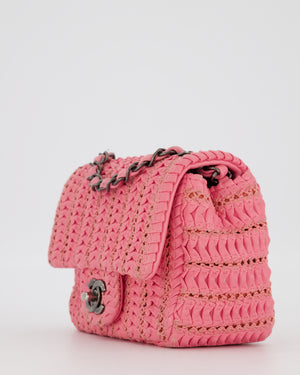 Chanel Pink Crochet Lambskin Leather Mini Rectangular Single Flap Bag with Gun Metal Hardware