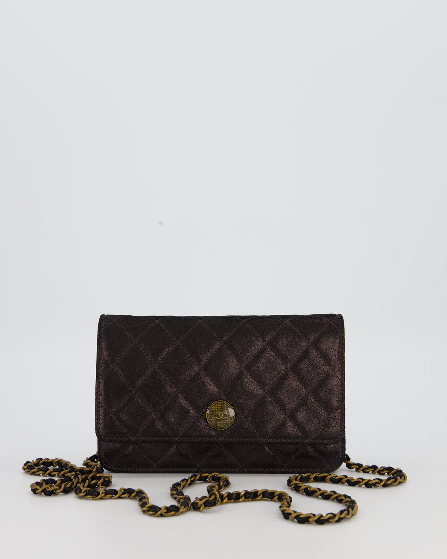 Chanel Wallet on Chain Bag in Black Iridescent Coated Suede with Gold Hardware and Tartan CC Logo Button