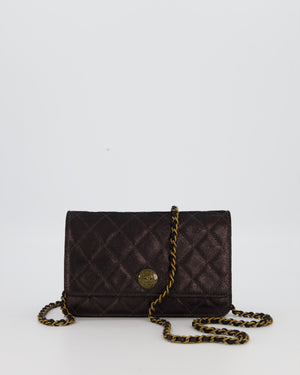Chanel Wallet on Chain Bag in Black Iridescent Coated Suede with Gold Hardware and Tartan CC Logo Button