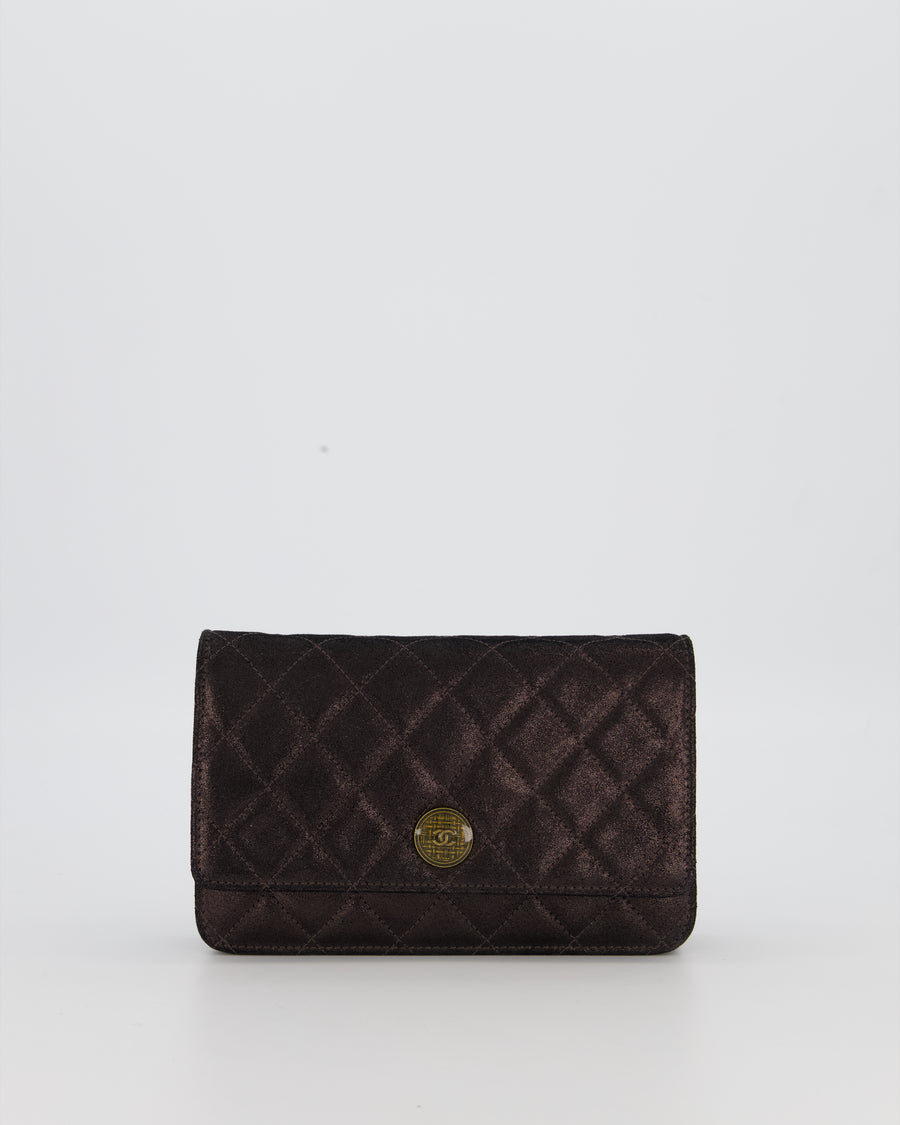 Chanel Wallet on Chain Bag in Black Iridescent Coated Suede with Gold Hardware and Tartan CC Logo Button