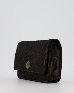 Chanel Wallet on Chain Bag in Black Iridescent Coated Suede with Gold Hardware and Tartan CC Logo Button