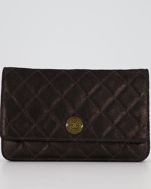 Chanel Wallet on Chain Bag in Black Iridescent Coated Suede with Gold Hardware and Tartan CC Logo Button