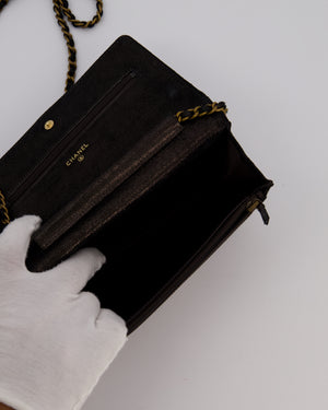 Chanel Wallet on Chain Bag in Black Iridescent Coated Suede with Gold Hardware and Tartan CC Logo Button