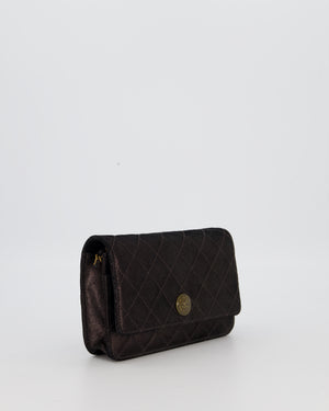 Chanel Wallet on Chain Bag in Black Iridescent Coated Suede with Gold Hardware and Tartan CC Logo Button