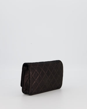 Chanel Wallet on Chain Bag in Black Iridescent Coated Suede with Gold Hardware and Tartan CC Logo Button