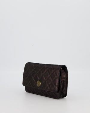 Chanel Wallet on Chain Bag in Black Iridescent Coated Suede with Gold Hardware and Tartan CC Logo Button