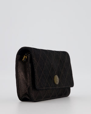 Chanel Wallet on Chain Bag in Black Iridescent Coated Suede with Gold Hardware and Tartan CC Logo Button