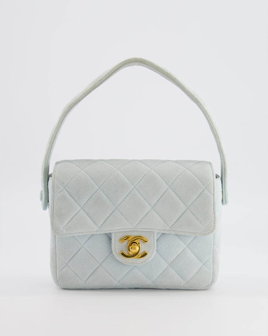 Chanel Vintage Pastel Blue Quilted Suede Top-Handle Flap Bag with 24K Gold Hardware