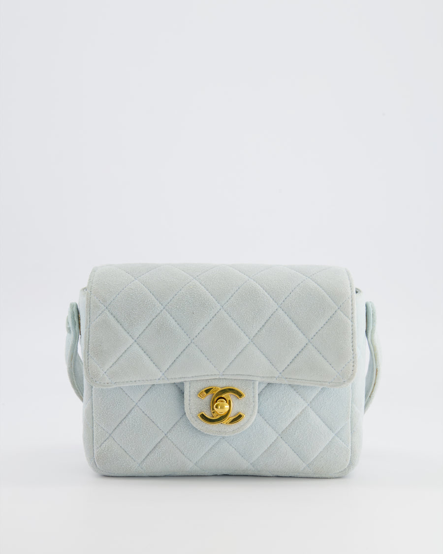Chanel Vintage Pastel Blue Quilted Suede Top-Handle Flap Bag with 24K Gold Hardware