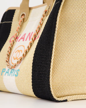 *HOT* Chanel Beige, Black and White Raffia Medium Deauville Tote Bag with Pastel Logo and Champagne Gold Hardware
