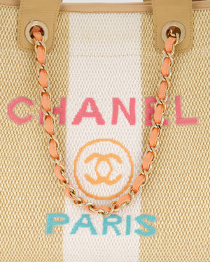 *HOT* Chanel Beige, Black and White Raffia Medium Deauville Tote Bag with Pastel Logo and Champagne Gold Hardware