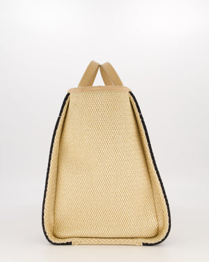 *HOT* Chanel Beige, Black and White Raffia Medium Deauville Tote Bag with Pastel Logo and Champagne Gold Hardware