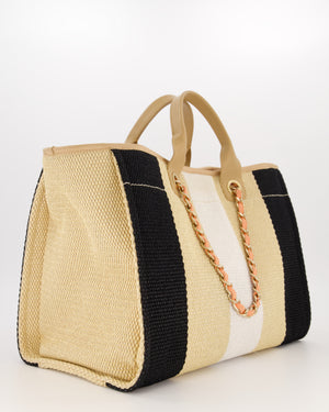 *HOT* Chanel Beige, Black and White Raffia Medium Deauville Tote Bag with Pastel Logo and Champagne Gold Hardware