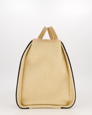 *HOT* Chanel Beige, Black and White Raffia Medium Deauville Tote Bag with Pastel Logo and Champagne Gold Hardware