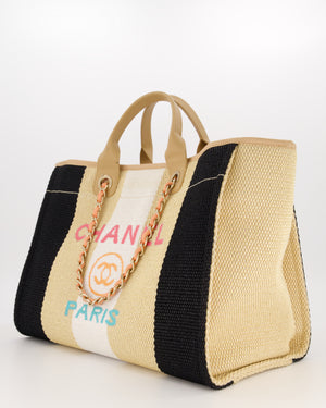*HOT* Chanel Beige, Black and White Raffia Medium Deauville Tote Bag with Pastel Logo and Champagne Gold Hardware