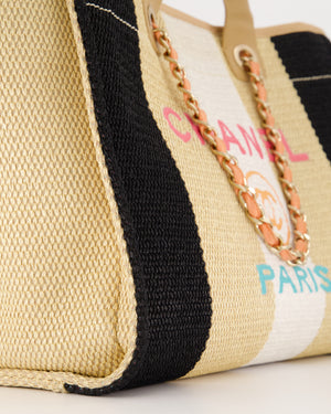 *HOT* Chanel Beige, Black and White Raffia Medium Deauville Tote Bag with Pastel Logo and Champagne Gold Hardware