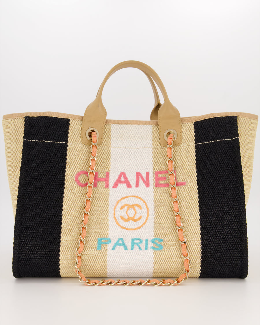 *HOT* Chanel Beige, Black and White Raffia Medium Deauville Tote Bag with Pastel Logo and Champagne Gold Hardware