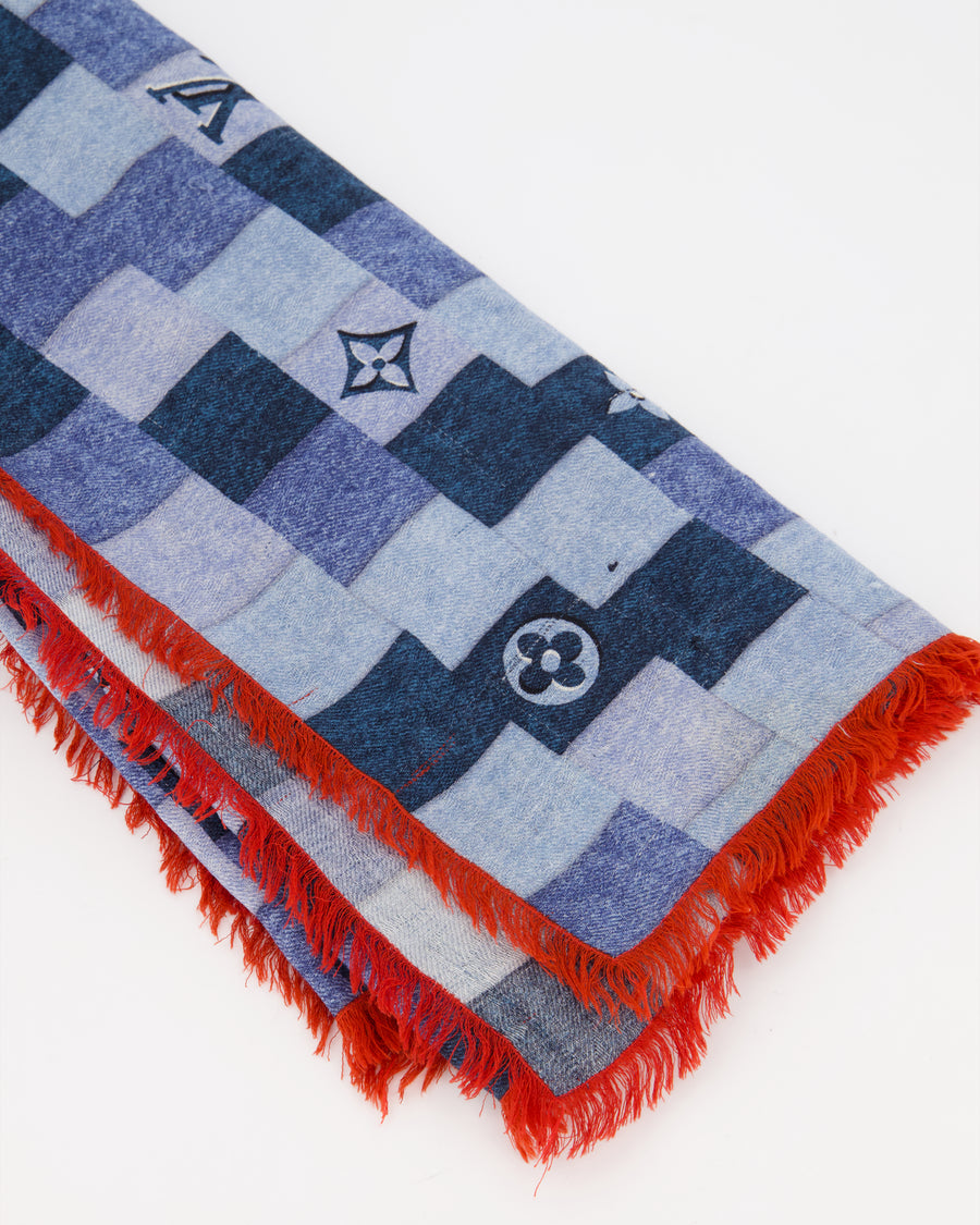 Louis Vuitton Blue Chequered Scarf with LV Logo Detail