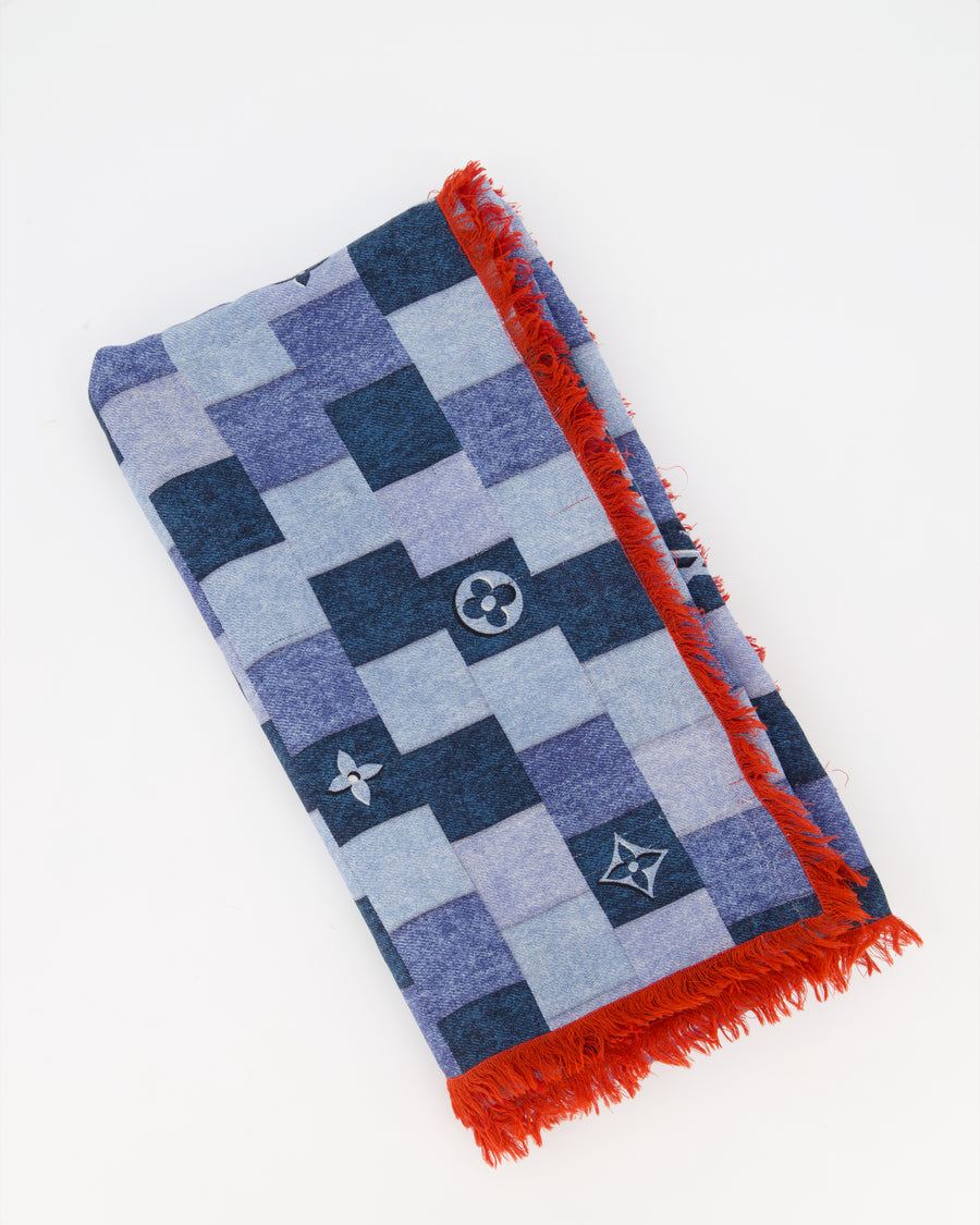Louis Vuitton Blue Chequered Scarf with LV Logo Detail
