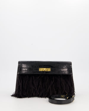 *EXTRA RARE* Hermès Kelly Elan Folie Bag in Noir Crocodile Porosus Lisse Leather, Noir Plumes with Gold Hardware