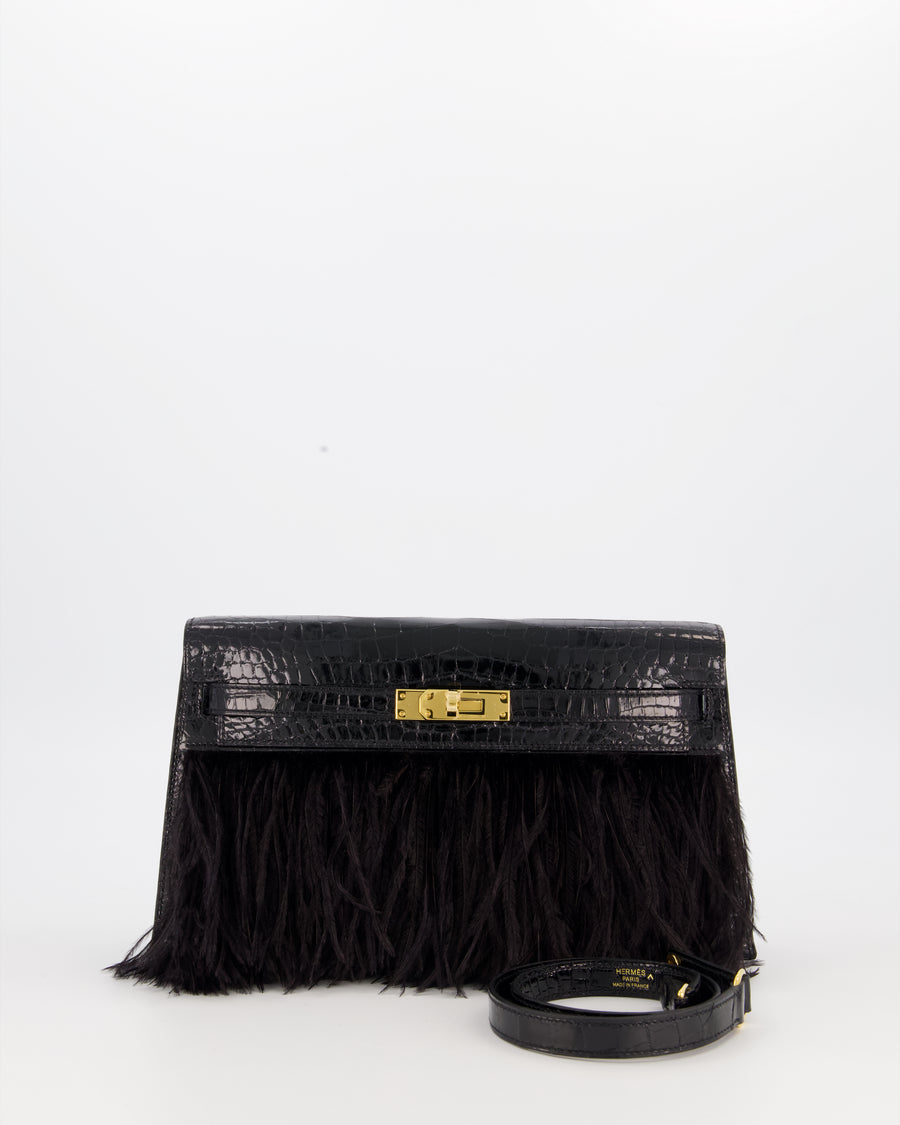 *EXTRA RARE* Hermès Kelly Elan Folie Bag in Noir Crocodile Porosus Lisse Leather, Noir Plumes with Gold Hardware