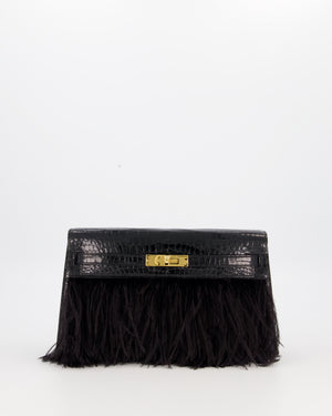 *EXTRA RARE* Hermès Kelly Elan Folie Bag in Noir Crocodile Porosus Lisse Leather, Noir Plumes with Gold Hardware