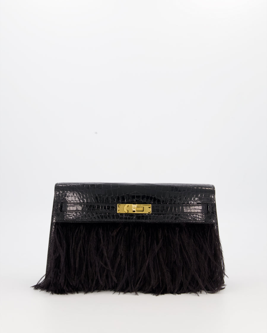 *EXTRA RARE* Hermès Kelly Elan Folie Bag in Noir Crocodile Porosus Lisse Leather, Noir Plumes with Gold Hardware