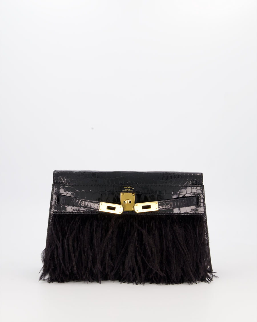 *EXTRA RARE* Hermès Kelly Elan Folie Bag in Noir Crocodile Porosus Lisse Leather, Noir Plumes with Gold Hardware