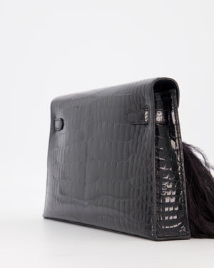 *EXTRA RARE* Hermès Kelly Elan Folie Bag in Noir Crocodile Porosus Lisse Leather, Noir Plumes with Gold Hardware