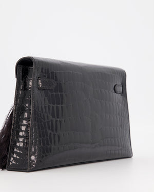 *EXTRA RARE* Hermès Kelly Elan Folie Bag in Noir Crocodile Porosus Lisse Leather, Noir Plumes with Gold Hardware
