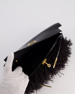 *EXTRA RARE* Hermès Kelly Elan Folie Bag in Noir Crocodile Porosus Lisse Leather, Noir Plumes with Gold Hardware