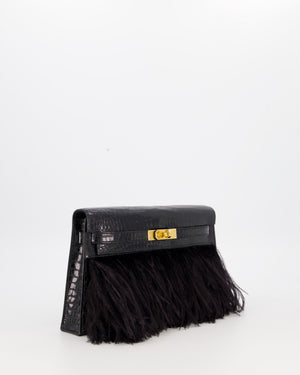 *EXTRA RARE* Hermès Kelly Elan Folie Bag in Noir Crocodile Porosus Lisse Leather, Noir Plumes with Gold Hardware