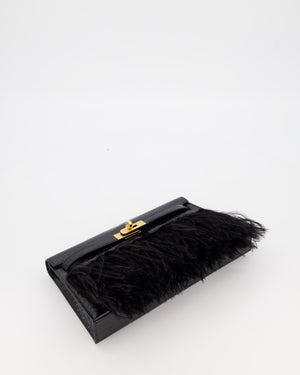 *EXTRA RARE* Hermès Kelly Elan Folie Bag in Noir Crocodile Porosus Lisse Leather, Noir Plumes with Gold Hardware