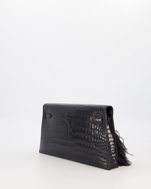 *EXTRA RARE* Hermès Kelly Elan Folie Bag in Noir Crocodile Porosus Lisse Leather, Noir Plumes with Gold Hardware