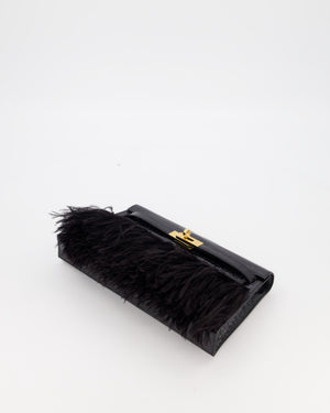 *EXTRA RARE* Hermès Kelly Elan Folie Bag in Noir Crocodile Porosus Lisse Leather, Noir Plumes with Gold Hardware
