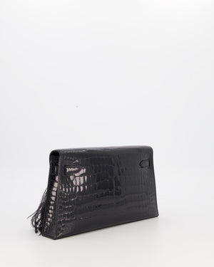 *EXTRA RARE* Hermès Kelly Elan Folie Bag in Noir Crocodile Porosus Lisse Leather, Noir Plumes with Gold Hardware