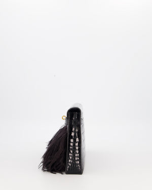 *EXTRA RARE* Hermès Kelly Elan Folie Bag in Noir Crocodile Porosus Lisse Leather, Noir Plumes with Gold Hardware