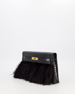 *EXTRA RARE* Hermès Kelly Elan Folie Bag in Noir Crocodile Porosus Lisse Leather, Noir Plumes with Gold Hardware