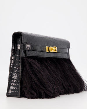 *EXTRA RARE* Hermès Kelly Elan Folie Bag in Noir Crocodile Porosus Lisse Leather, Noir Plumes with Gold Hardware