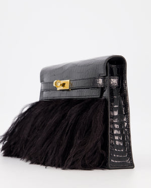 *EXTRA RARE* Hermès Kelly Elan Folie Bag in Noir Crocodile Porosus Lisse Leather, Noir Plumes with Gold Hardware