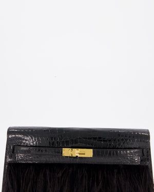 *EXTRA RARE* Hermès Kelly Elan Folie Bag in Noir Crocodile Porosus Lisse Leather, Noir Plumes with Gold Hardware