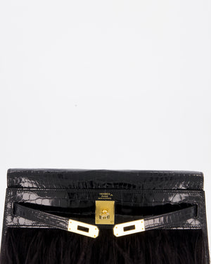 *EXTRA RARE* Hermès Kelly Elan Folie Bag in Noir Crocodile Porosus Lisse Leather, Noir Plumes with Gold Hardware