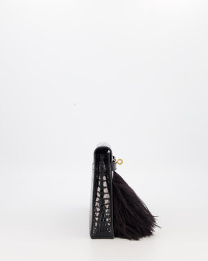 *EXTRA RARE* Hermès Kelly Elan Folie Bag in Noir Crocodile Porosus Lisse Leather, Noir Plumes with Gold Hardware