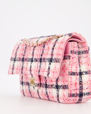 Chanel White, Pink & Black Multicolour Tweed Medium Classic Double Flap Bag with Champagne Gold Hardware