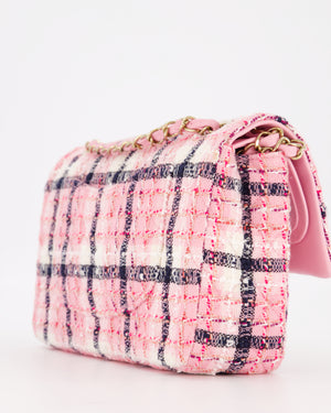 Chanel White, Pink & Black Multicolour Tweed Medium Classic Double Flap Bag with Champagne Gold Hardware