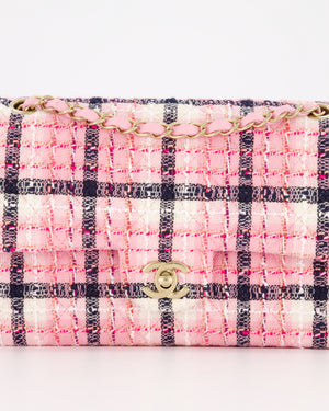 Chanel White, Pink & Black Multicolour Tweed Medium Classic Double Flap Bag with Champagne Gold Hardware