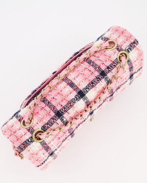 Chanel White, Pink & Black Multicolour Tweed Medium Classic Double Flap Bag with Champagne Gold Hardware