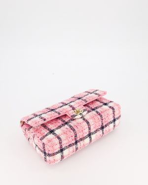 Chanel White, Pink & Black Multicolour Tweed Medium Classic Double Flap Bag with Champagne Gold Hardware