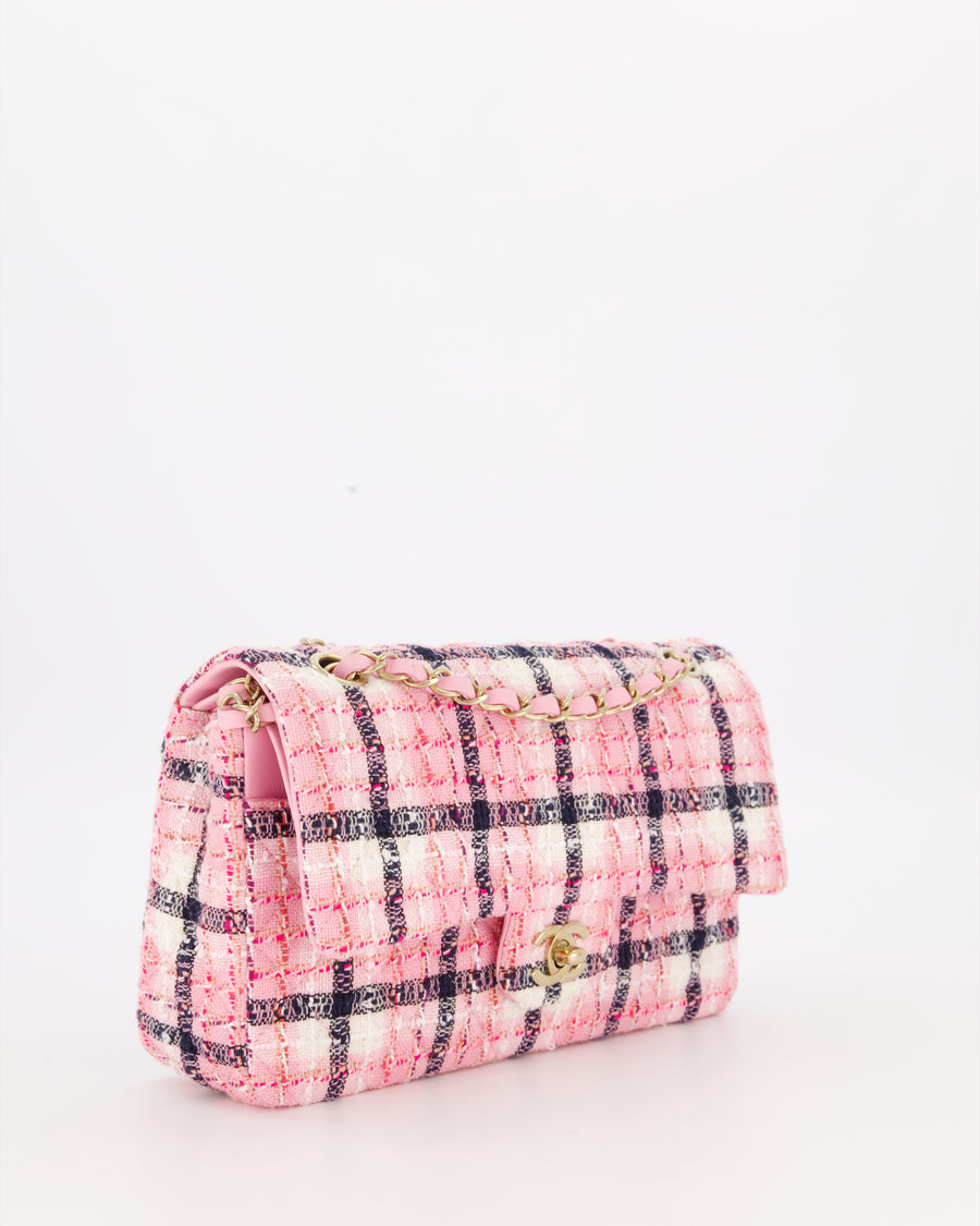 Chanel White, Pink & Black Multicolour Tweed Medium Classic Double Flap Bag with Champagne Gold Hardware