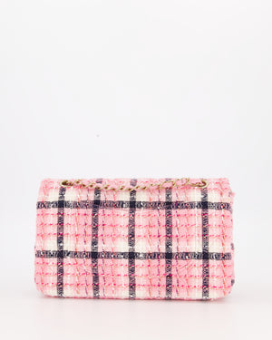 Chanel White, Pink & Black Multicolour Tweed Medium Classic Double Flap Bag with Champagne Gold Hardware